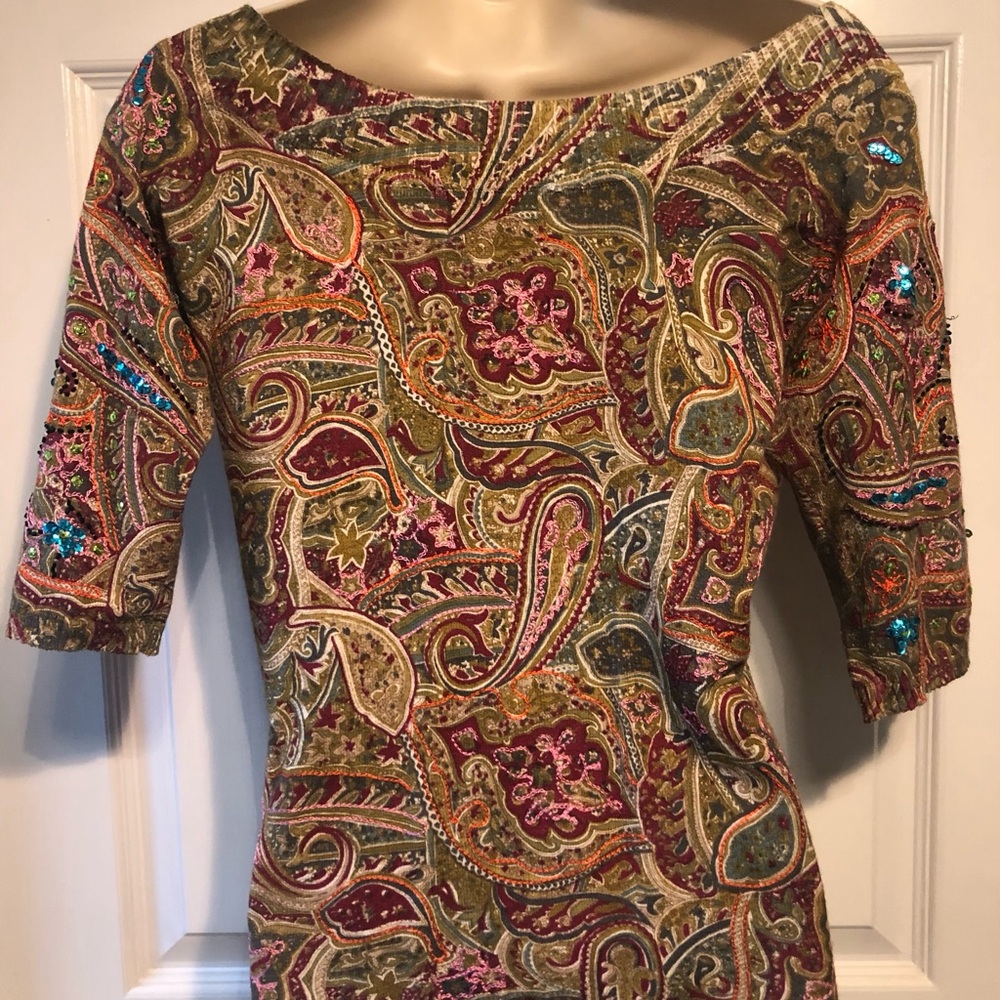 Vintage Cache Knit Top Embellished with Sequins. Colors of Olive/Plum/Org/Turq. - Picture 6 of 10